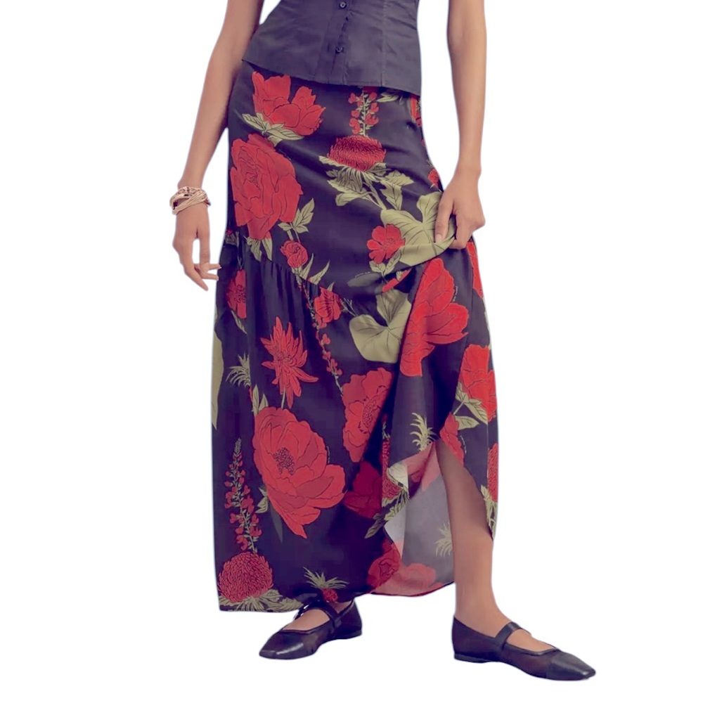 Farm Rio Floral Maxi Slip Skirt Asymmetrical Ruffle Red Black Small S - Picture 5 of 11